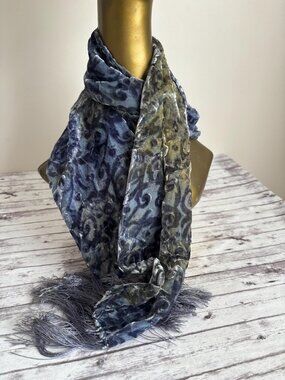 Y2k Silk sheer Blue green Abstract Velvet Burnout Neck Scarf fringe neck boho